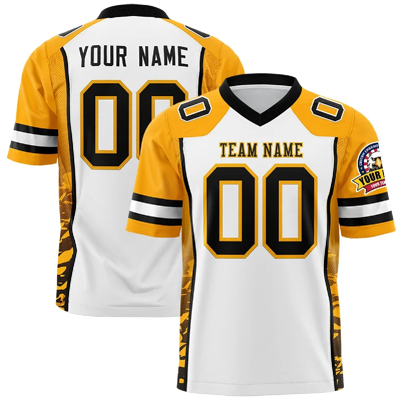 Custom White Yellow-Black Raglan Sleeves Personalized Side Pattern Authentic Football Jersey