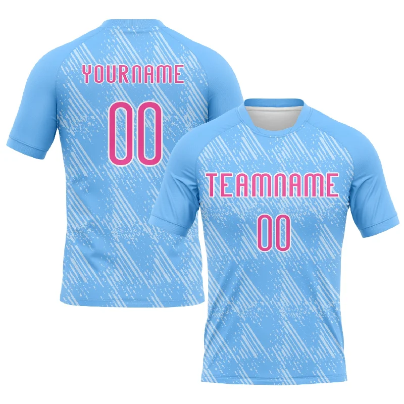 Custom Powder Blue Pink-White Lines Splatter Art Sublimation Volleyball Uniform Jersey