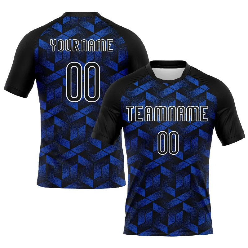 Custom Thunder Blue Black-White Geometric Shape Sublimation Volleyball Uniform Jersey