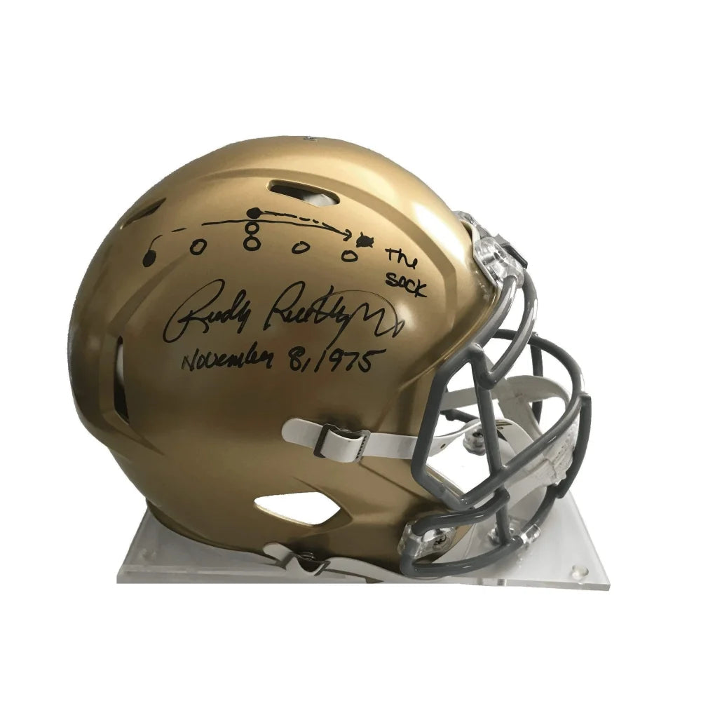 Rudy Ruettiger Signed Notre Dame FS Helmet W/ Hand Drawn "Sack Play" JSA COA